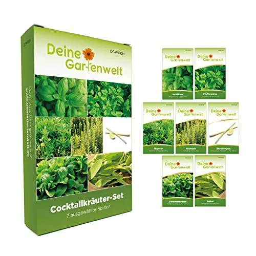 Cocktail-Kräutersamen Set - 7 Sorten Samen - Saatgut Sortiment - Anzuchtset für Kräuter - Geschenkset - Basilikum, Pfefferminze, Zitronengras, Zitronenmelisse und mehr