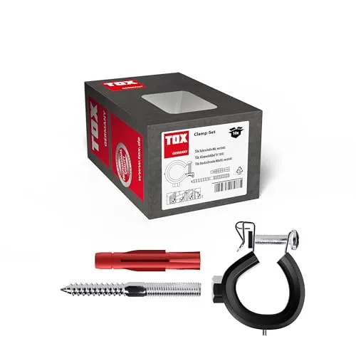 TOX Clamp-Set für Rohrleitungen, Gelenkrohrschelle 26-28 mm (3/4 Zoll) mit M8-Anschlussgewinde, Allzweckdübel TRI 10/61 und Stockschraube M8x80 mit TX-Antrieb, jeweils 10 Stück im Set, 089101102