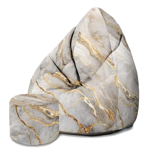 DreamRoots Sitzsack Erwachsene mit Füllung 80x80x120cm - Bean Bag Chair - Sitzsäcke mit Lehne und Hocker und Bezug - Sitzsack Sessel - Chill Sessel Velvet Gold Fantasy