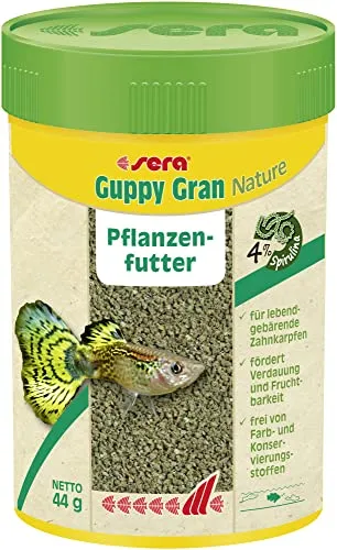 sera Guppy Gran Nature 100 ml (44 g) - Pflanzenfutter aus langsam sinkendem Softgranulat, Guppy Futter sowie für Lebendgebärende, Schwertträger, Platy, Molly & Co.