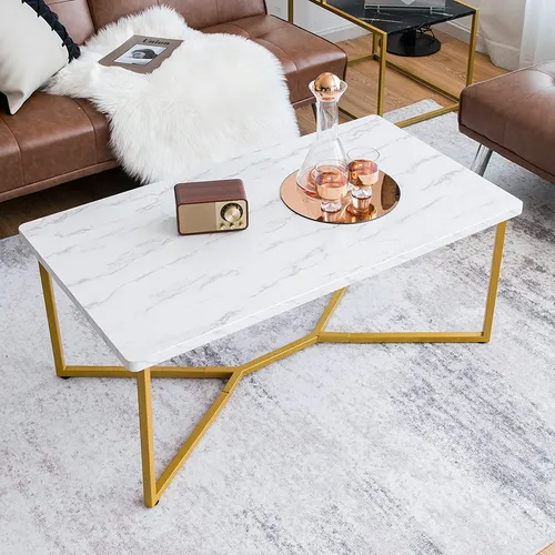 GOPLUS Couchtisch mit Kunstmarmorplatte und X-förmigem Metallsockel