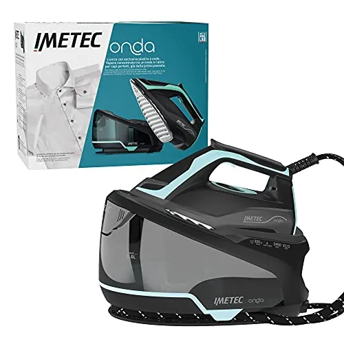 Imetec Onda P1 Dampfbügelstation - Bügeleisen mit patentierter Gleitwellenplatte für schnelles und effizientes Bügeln. 2400 W Leistung, 300 g Dampfstoß und 2,5 L Tank für nahtloses Bügeln ohne Unterbrechung.