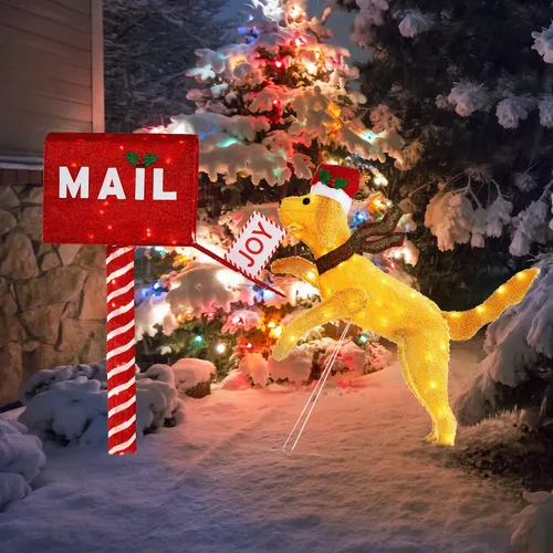 GOPLUS Hund Weihnachtsfiguren - Beleuchteter Weihnachtsbriefkasten mit Dackel und 120 LED-Leuchten - Energieeffiziente Weihnachtsdekoration mit 120 warmweißen LED-Leuchten. Wetterfest und stabil, ideal für drinnen und draußen. Verleiht jedem Raum eine festliche Atmosphäre!