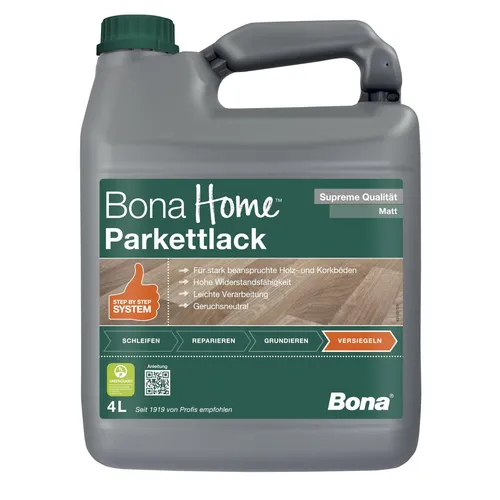 Bona Home Parkettlack Supreme Versiegelung matt 4 Liter - Holzpflege für stark beanspruchte Böden, geruchsneutral und schnelltrocknend. Ideal für Familien mit Kindern, GREENGUARD GOLD-zertifiziert und einfach in der Anwendung.