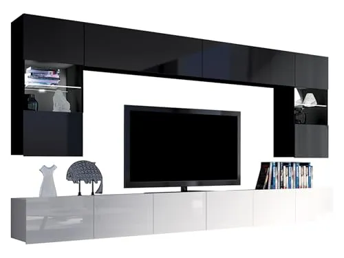 Moderne Wohnwand Calabrini I, Anbauwand Mediawand Hängevitrine TV Lowboard Wandregal Wohnzimmerschrank Fernsehschrank (mit weißer LED Beleuchtung, Schwarz + Schwarz Hochglanz / Weiß + Weiß Hochglanz)