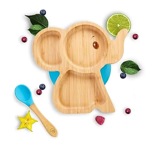 Kleiner Fuchs Bambus Teller mit Saugnapf und Löffel - Kleinkindergeschirrset mit rutschfestem Saugnapf für sicheren Halt. Perfekt für die Beikosteinführung ab 9 Monaten, um Mahlzeiten spielerisch zu gestalten.