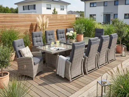 KONIFERA Garten-Essgruppe Monaco 31-tlg. - Essgruppen für den Außenbereich, ausziehbarer Tisch mit Sicherheitsglasplatte und 10 stufenlos verstellbaren Sesseln für optimalen Komfort.