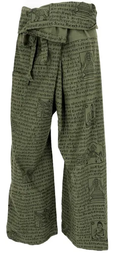 Thai Fischerhose mit Mantra Druck - Wickelhose für Yoga - Hosen für alternative Bekleidung im Ethno Style, aus 100% gewebter Baumwolle, fair gehandelt in Nepal. Ideal für Entspannung und Bewegung, unisex und in verschiedenen Größen erhältlich.