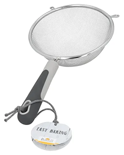 Birkmann, Easy Baking, Küchensieb zum Backen und Kochen, feinmaschiges Sieb mit Auflegeösen, Edelstahl mit grauem Kunststoffgriff, spülmaschinengeeignet, 16 cm lang, Ø 6 cm, 422681