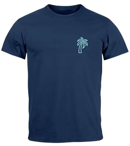 Neverless® Herren T-Shirt Palme Logo Print Sommer Badge Emblem Minimal Line Art Fashion Streetstyle Navy-blau 3XL