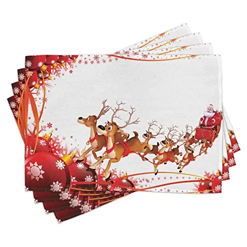 ABAKUHAUS Weihnachtsmann Platzmatten, Abstrakter Rahmen mit Weihnachtsbällen und Schneeflocken, die Ren-Wagen fliegen, Tiscjdeco aus Farbfesten Stoff für das Esszimmer und Küch, Hellbraun Weiß Rot