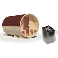 Karibu Fasssauna 38 mm mit 9 kW Saunaofen und Dachschindeln von Chillroi