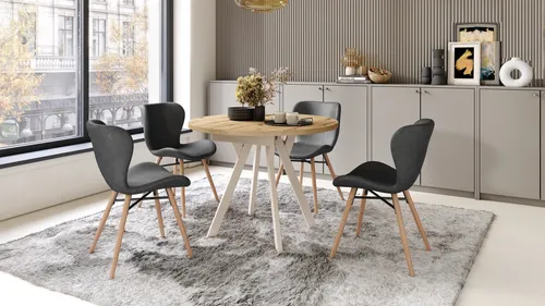 Design Esstisch rund Aldo Eiche Artisan/Beige ausziehbar - Wohnzimmertisch, flexibel ausziehbar von 90 cm auf 145 cm, ideal für gemütliche Abendessen oder große Feiern, hochwertige Verarbeitung und stilvolles Design.