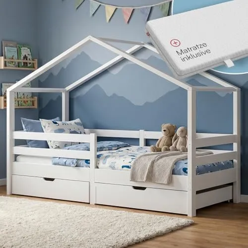 Bellabino Abia Kinderbett 90x200 cm – Hausbett mit Matratze, Rausfallschutz, Lattenrost & 2 Schubladen - Kreatives Hausbett für Kinder in Weiß, fördert Selbstständigkeit und sicheres Schlafen dank Rausfallschutz. Mit geräumigen Schubladen für mehr Ordnung und einfacher Montage – ideal für das Kinderzimmer.