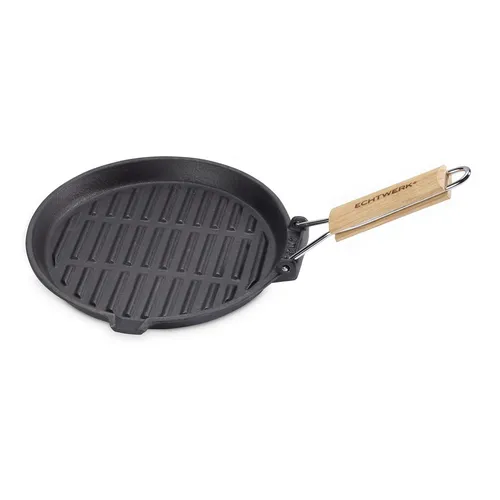 ECHTWERK EW-GE-1235 Grillpfanne aus Gusseisen - Pfanne aus Gusseisen mit abnehmbarem Holzgriff, ideal zum Braten oder Grillen. Robust, kratzfest und direkt einsatzbereit dank Emaille-Beschichtung.