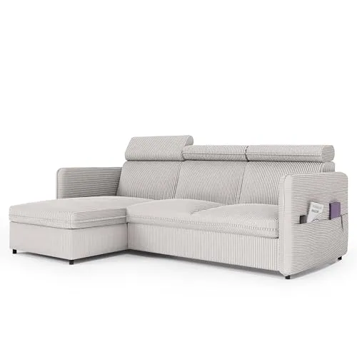 GREKPOL Sofa mit Schlaffunktion 160x220 - Beige Cord Sofa - Sofas & Couches mit verstellbaren Kopfstützen und praktischer Schlaffunktion, verwandelt sich schnell in ein Bett (195x110 cm) und bietet zusätzlichen Stauraum im Bettkasten.