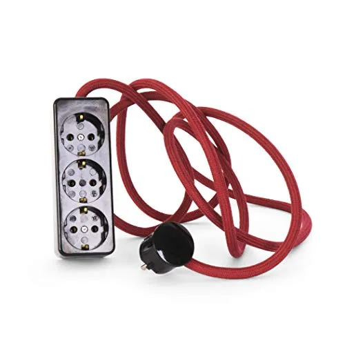 3-Fach Steckdosenleiste aus Duroplast (Bakelit-Optik) schwarz, mit 2.5 Meter Textilkabel Zuleitung, Kirsche (Kirsch-Rot)