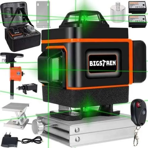 BIGSTREN Kreuzlinienlaser Grün - Selbstnivellierend 4D 360 Grad mit 16 Laserlinien, präzise Nivellierung und umfangreiches Zubehörset inklusive Fernbedienung und Tasche