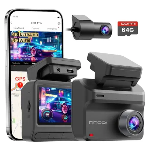 DDPAI Z50 Pro Dashcam Auto Vorne Hinten 4K+1080P, Echtes 4K AI-ISP Nachtsicht Dash Cam, Autokamera mit 64GB Karte, 4G LTE Support, 5GHz WiFi 6 GPS, 48H Parküberwachung, 3