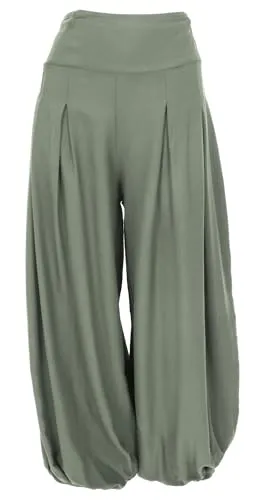 GURU SHOP Boho Pluderhose Muckhose Haremshose - Olivgrün, Damen, Größe S/M - Bequeme Schlupfhose mit gesmoktem Bund für optimalen Sitz. Ideal kombinierbar mit schlichten Oberteilen oder sommerlichen Boho-Tops. Perfekt für lässige und stilvolle Outfits.