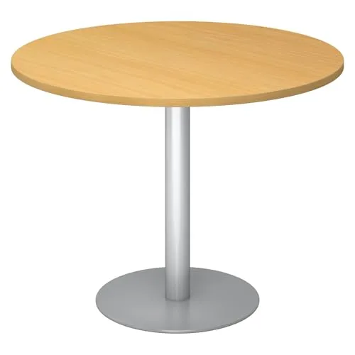 bümö Besprechungstisch - Rundtisch für 2 Personen - Kinderschreibtische aus robuster Spanplatte, melaminharzbeschichtet für hohe Kratzfestigkeit. Stabile Tischsäule in Silber, ideal für Besprechungen oder kleine Essbereiche.