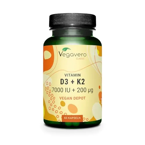 Vitamin D3 K2 hochdosiert | 100% Vegan | 7.000 IE D-3 + 200 µg K-2 Depot pro Kapsel | Laborgeprüft & Ohne Konservierungsstoffe | Vegavero