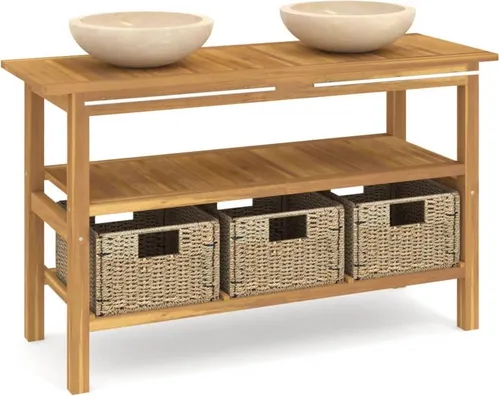 vidaXL Waschtisch mit Creme Marmorbecken aus Teakholz - Eleganter Waschtisch mit 2 Waschbecken und 3 Körben, ideal für Badezimmer. Aus robustem Teakholz gefertigt, bietet er Stabilität und eine stilvolle Ablagefläche. Der Marmorbecken ist leicht zu reinigen und verleiht deinem Bad einen besonderen Akzent.