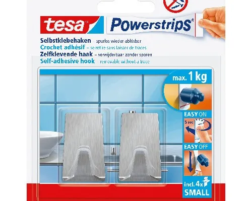 tesa® Powerstrips Haken S Metall Eckig 2 Haken und 4 Strips Small
