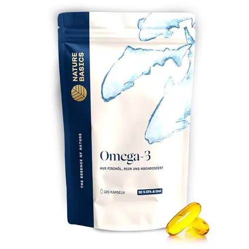 Nature Basics Omega 3 Fischöl - 120 Kapseln - 2000mg Fischöl pro Tagesdosis - mit EPA und DHA in Triglycerid-Form - Omega 3 Kapseln hochdosiert aus nachhaltigem Fischfang - Laborgeprüft auf Reinheit