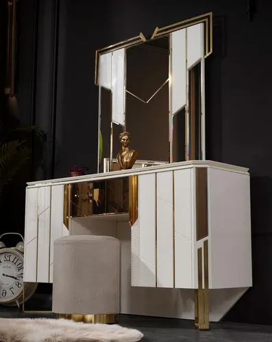 Weißer Schminktisch mit Spiegel und Hocker - Eleganter Schminktisch mit einem praktischen Spiegel und Hocker, ideal für jedes Zimmer. Mit Schubfächern bietet er ausreichend Stauraum für Ihre Kosmetikartikel.