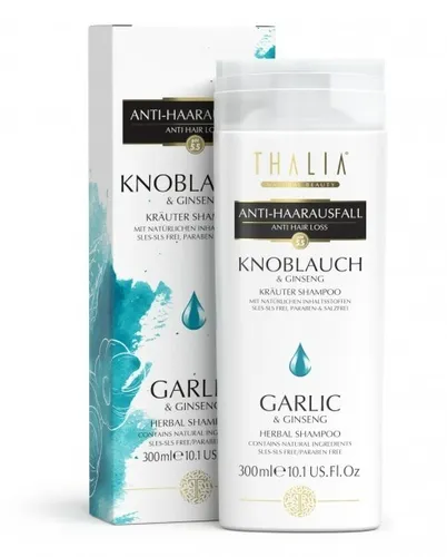 Thalia Knoblauch & Ginseng Shampoo 300 ml - Natürliches Anti-Haarausfall Shampoo - Unisex Shampoo mit 100% natürlichen Inhaltsstoffen für alle Haartypen. Stärkt das Haar und fördert das Haarwachstum dank Ginseng und Knoblauch.