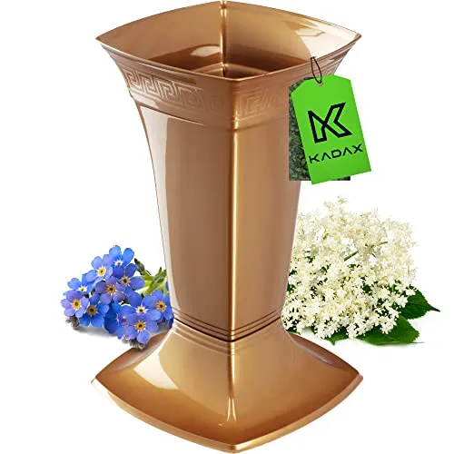 KADAX Grabvase mit Sockel, Friedhofsvase aus Kunststoff, Blumenvase für Grabstein, Grabdekoration, Grabschmuck, Grabsteckvase, Standvase für das Grab (Gold/Niedrig)