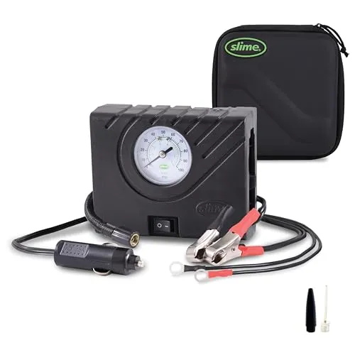 Slime Tire Compressor - Mobile Kompressoren & Luftpumpen - Kompaktes und leistungsstarkes Reifenfüllgerät mit analoge Messuhr und vielseitigen Druckluftadaptern für schnelle Füllung.