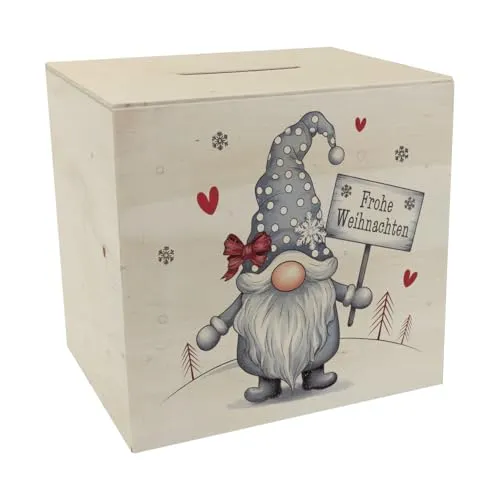 niedlicher Weihnachtswichtel mit Schild Spardose aus Holz - Frohe Weihnachten Perfekte Deko Wintergnom mit grauem Hut weißen Punkten rotem Detail - originelle Weihnachts-Spardose