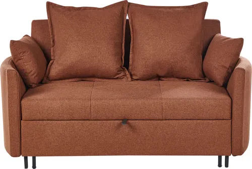 BELIANI 2-Sitzer Sofa Goldbraun Stoffbezug Gesteppt mit Schlaffunktion Mehrere Kissen Schlanke Metallbeine Modern Skandi Wohnzimmer Schlafsofa Sofabett