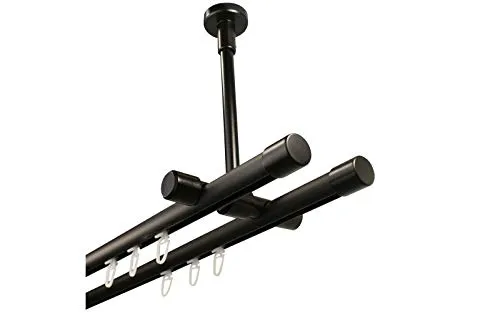 iso-design Gardinenstange Innenlauf schwarz 2-läufig Deckenmontage, 20 mm Durchmesser, großer Deckenabstand, Deckenhalter kürzbar, Endstück Kappe, 320 cm (2 x 160 cm)