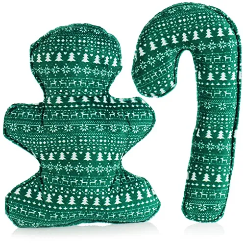 com-four® 2X Hundespielzeug Lebkuchenmann und Zuckerstange - weiches Kauspielzeug - Quietschspielzeug-Puppe aus Stoff - Heimtierbedarf Beißspielzeug-Figur [Auswahl variiert] (2 Stück - Muster grün)