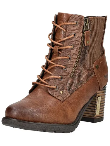 MUSTANG High-Heel Stiefelette aus Lederimitat/Textil in Braun (39 EU) - Stylische High-Heel-Stiefelette aus hochwertigem Lederimitat und Textil. Mit 8 cm Absatzhöhe und modischem Blockabsatz ideal für casual Outfits.