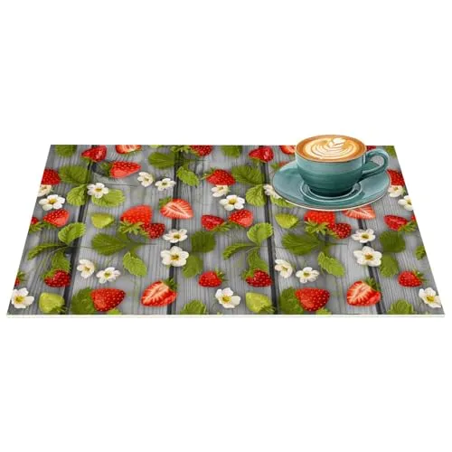 Platzset Tischset abwaschbar PVC Platzdeckchen rutschfest Tischuntersetzer Hitzebeständig Esstisch waschbar für drinnen & draußen Erdbeer Holz Grau 35x50cm
