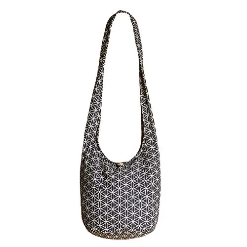 PANASIAM Schulterbeutel Lebensblume schwarz, M - Damen-Schultertaschen aus 100% Baumwolle, leicht und robust mit hochwertigem Reißverschluss. Ideal für Yoga und Freizeit, bietet viel Platz für alles Wichtige.