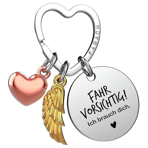 FABACH Fahr vorsichtig Schlüsselanhänger Auto Schutzengel Glücksbringer mit Herz und Gravur - Autofahrer Geschenke Schlüsselanhänger - Führerschein Geschenk Engel Auto Glücksbringer