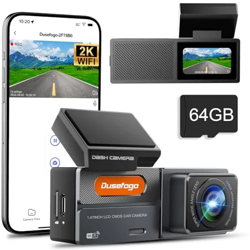 Dashcam Auto Front 2K mit WiFi & Dash Cam Car 64GB-Karte,Super Nachtsicht, 170° Weitwinkel WDR, G-Sensor, Loop-Aufnahme, Car Camera APP-Steuerung, IPS-Bildschirm, 24h-Parkmodus mit Bewegungserkennung