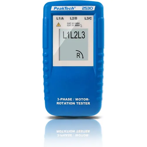 PeakTech 2530 – 3-Phasen-Drehrichtungsanzeiger - Drehmomentmessgerät für 3-Phasenmessungen von 40 bis 690 V AC, mit robusten Krokoklemmen und LCD-Anzeige, ideal für sichere und einfache Prüfungen ohne Batterien.