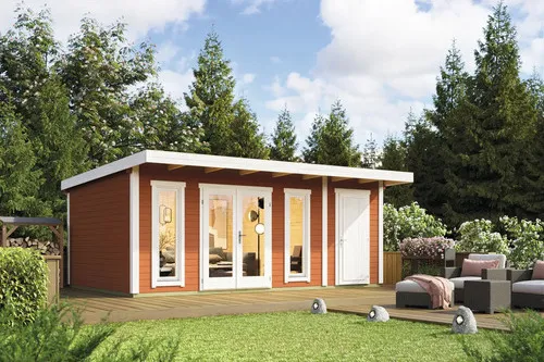 Gartenhaus Blockhaus Pultdach 44 mm Sizilien 2 rot - Robustes Gartenhaus mit 19,32 m² Nutzfläche, isolierverglasten Fenstern und abschließbarer Doppeltür – ideal für Gartenfreunde und Stauraum.