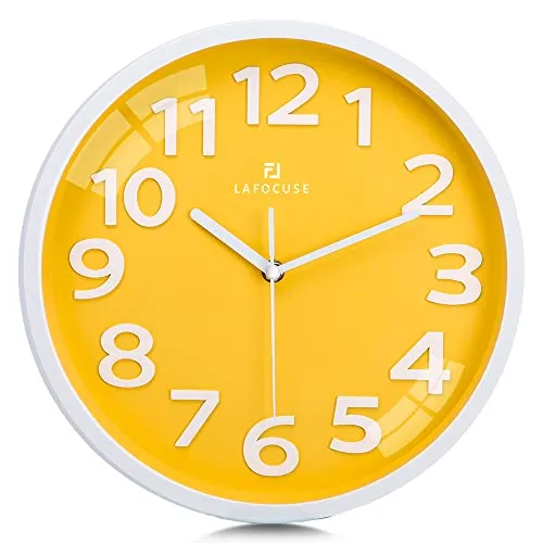 Lafocuse 3D Ziffern Lautlos Wanduhr Gelb, Modern Wanduhr 30cm Leicht zu Lesen, Ohne Ticken Geräuschlos Deko für Wohnzimmer Küche Kinderzimmer Büro