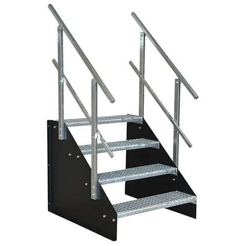 SRM Design Außentreppe 4 Stufen mit beidseitigem Geländer, 90cm breit - Stahl-Außentreppe mit 4 Stufen, freistehend und robust. Ideal für Garten oder gewerblichen Einsatz. Einfache Montage und vor Korrosion geschützt durch feuerverzinkte Stufen.