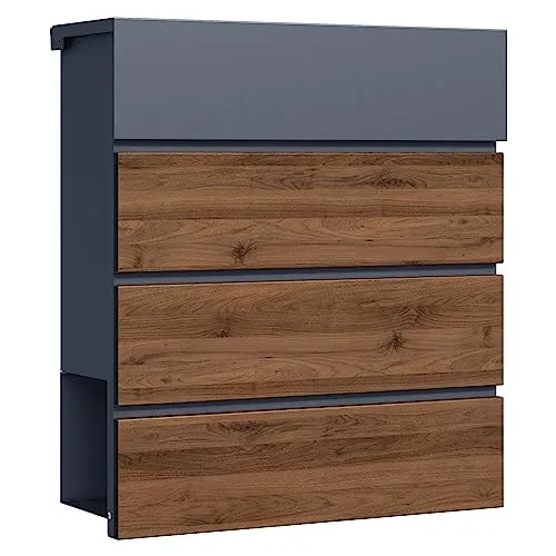 Toboli Briefkasten V63 Anthrazit und Holzdesign - Wandbriefkasten aus pulverbeschichtetem Stahl, modern mit Soft Close Klappe und großem Einwurfschlitz, ideal für rustikale Hausfronten und sichere Postaufbewahrung.