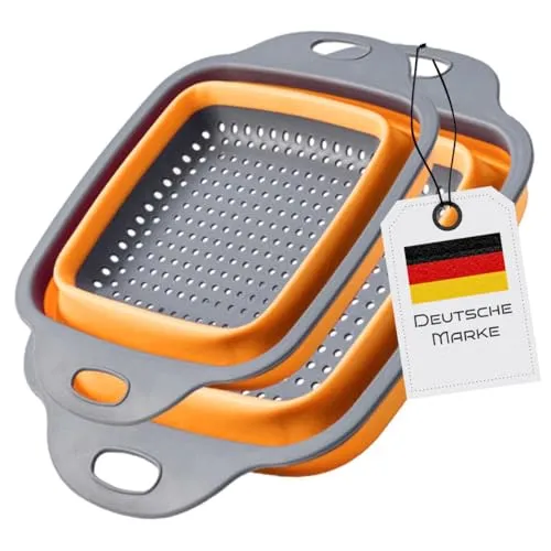 Faltbarer Seiher Sieb, Küche Silikon Klappbar Abtropfsieb Nudelsieb Set, Küchensieb Abwaschschüssel von Nudeln, Obst, Gemüse, 2 Größe (24.5+29.2cm) (Orange Rechteckig)