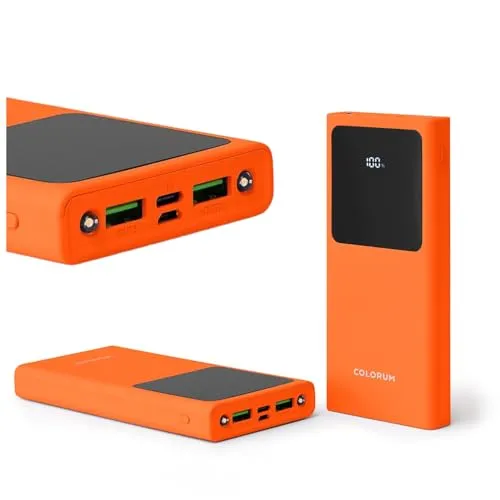 FOREVER Colorum Power Bank 10000mAh Orange - Tragbarer Externer Handy-Akku mit USB-C oder microUSB - Powerbank mit Display LED - Gleichzeitiges Laden von Zwei Geräten - Powerbank mit Zwei LED-Dioden