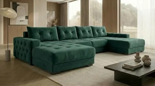 A&J MöbelLand Ecksofa, Grün, Textil, 320x185 cm - Modulares Ecksofa mit Schlaffunktion und Bettkasten. Hoher Sitzkomfort und flexible Anpassung an jeden Raum. Ideal für stilvolle Wohnkonzepte.